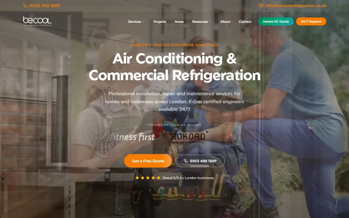 The Be Cool Refrigeration homepage, a site we designed and built