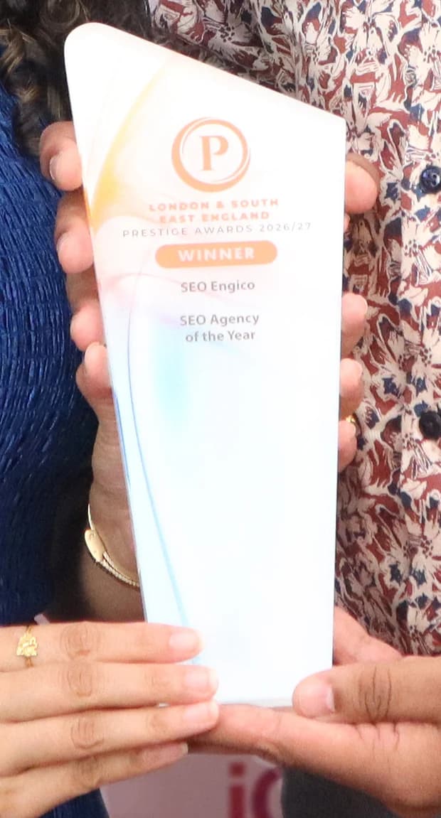 Close up of the trophy reading London and South East England Prestige Awards 2026/27, Winner, SEO Engico, SEO Agency of the Year
