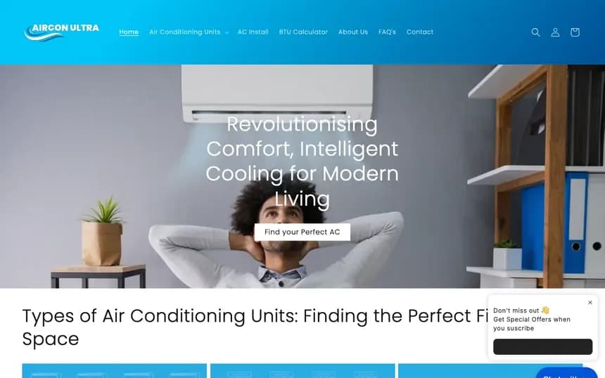 The Aircon Ultra homepage, a store we run Google Ads for