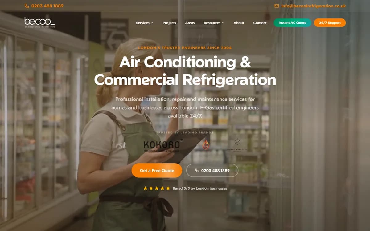 The Be Cool Refrigeration homepage, a site we built