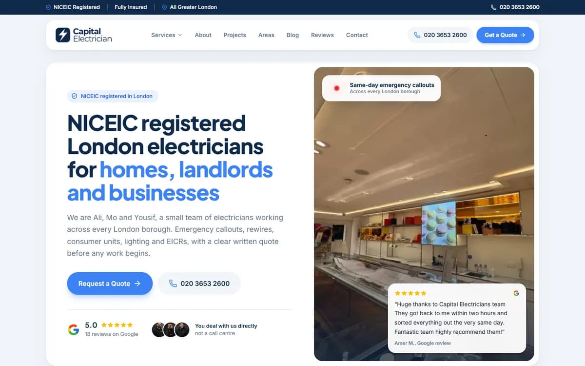 The Capital Electrician website on desktop