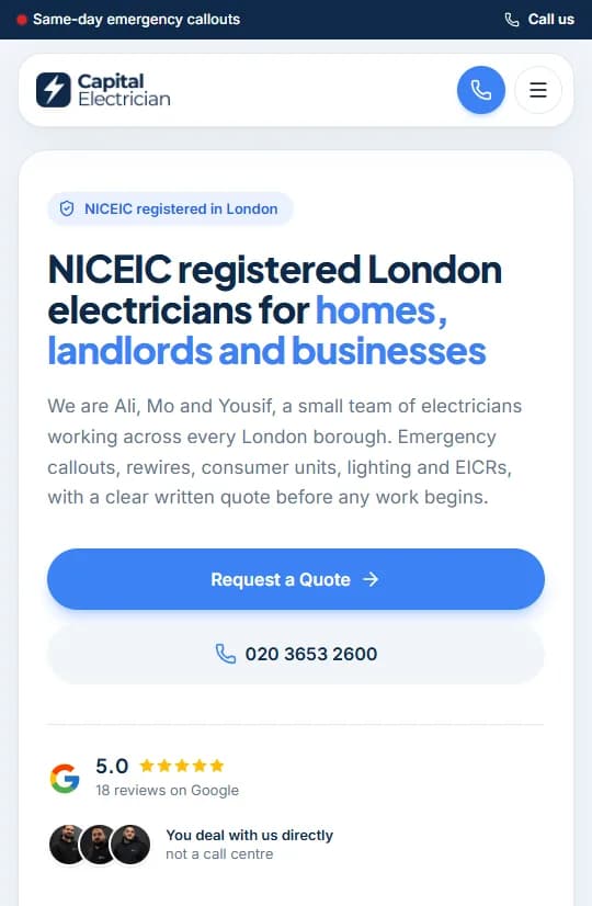 The Capital Electrician website on a phone