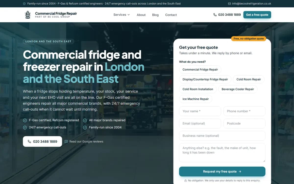 The Commercial Fridge Repair homepage, a site we built
