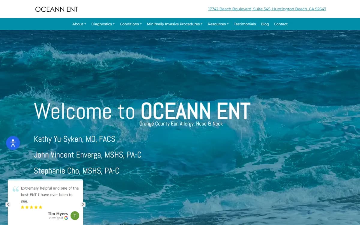 The OCEANN ENT homepage, a site we built