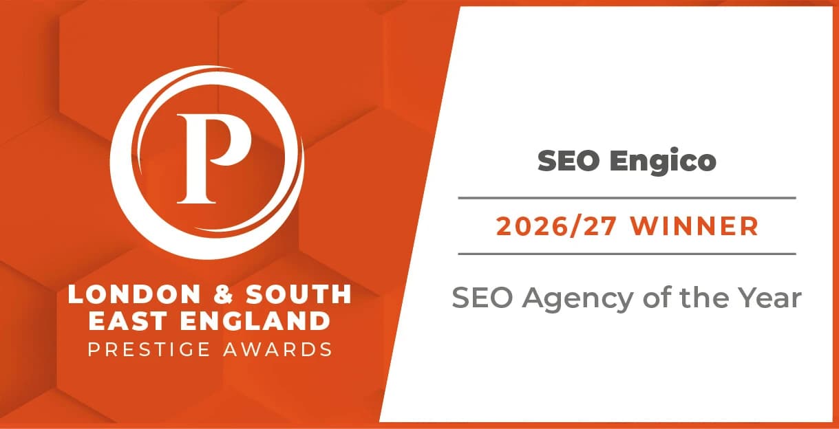 Winners logo supplied by Prestige Awards, naming SEO Engico as SEO Agency of the Year for the London & South East England 2026/27 cycle